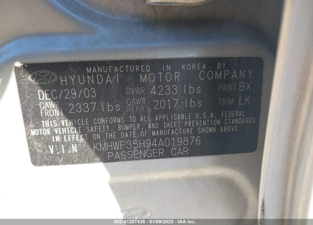 2004 HYUNDAI SONATA VIN: KMHWF35H94A019876