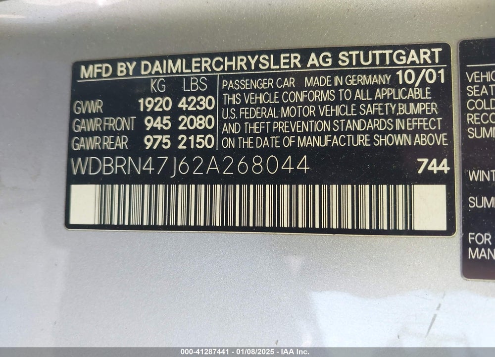 2002 MERCEDES-BENZ C 230 VIN: WDBRN47J62A268044