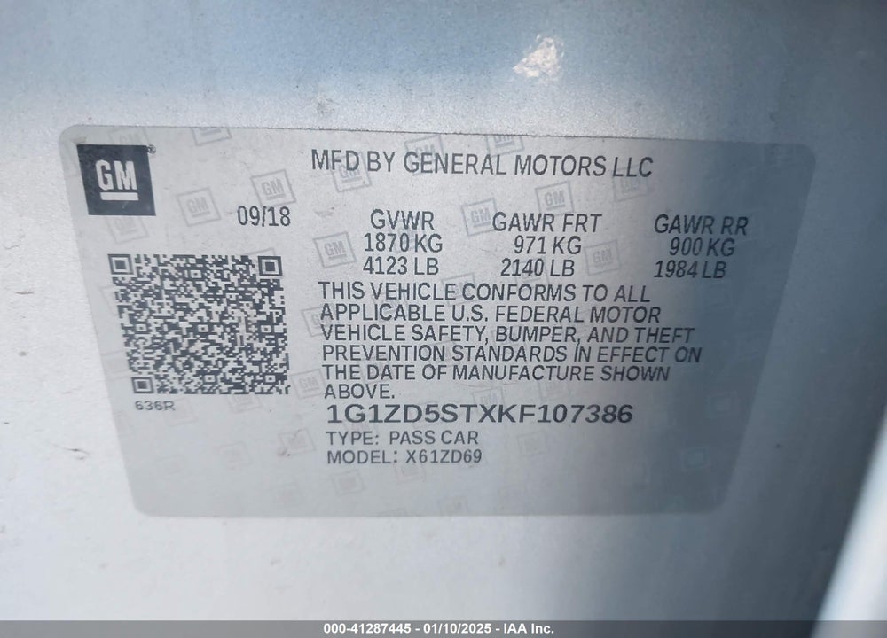 2019 CHEVROLET MALIBU VIN: 1G1ZD5STXKF107386