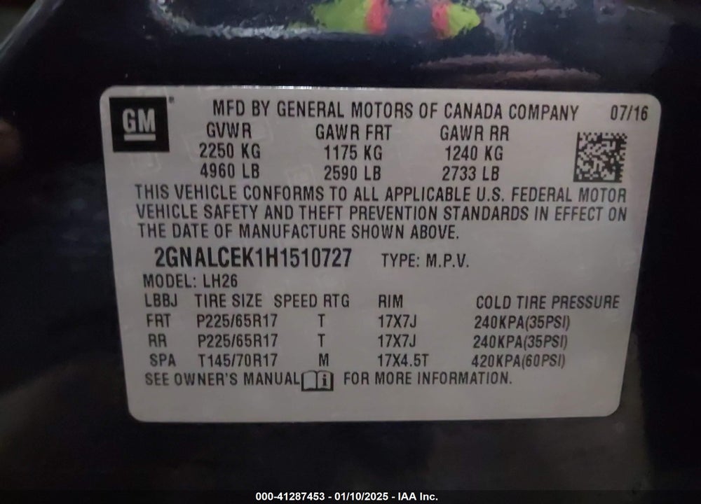 2017 CHEVROLET EQUINOX LT VIN: 2GNALCEK1H1510727