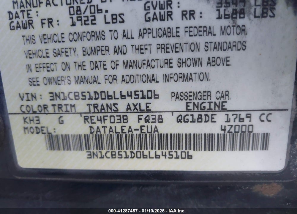2006 NISSAN SENTRA VIN: 3N1CB51D06L645106