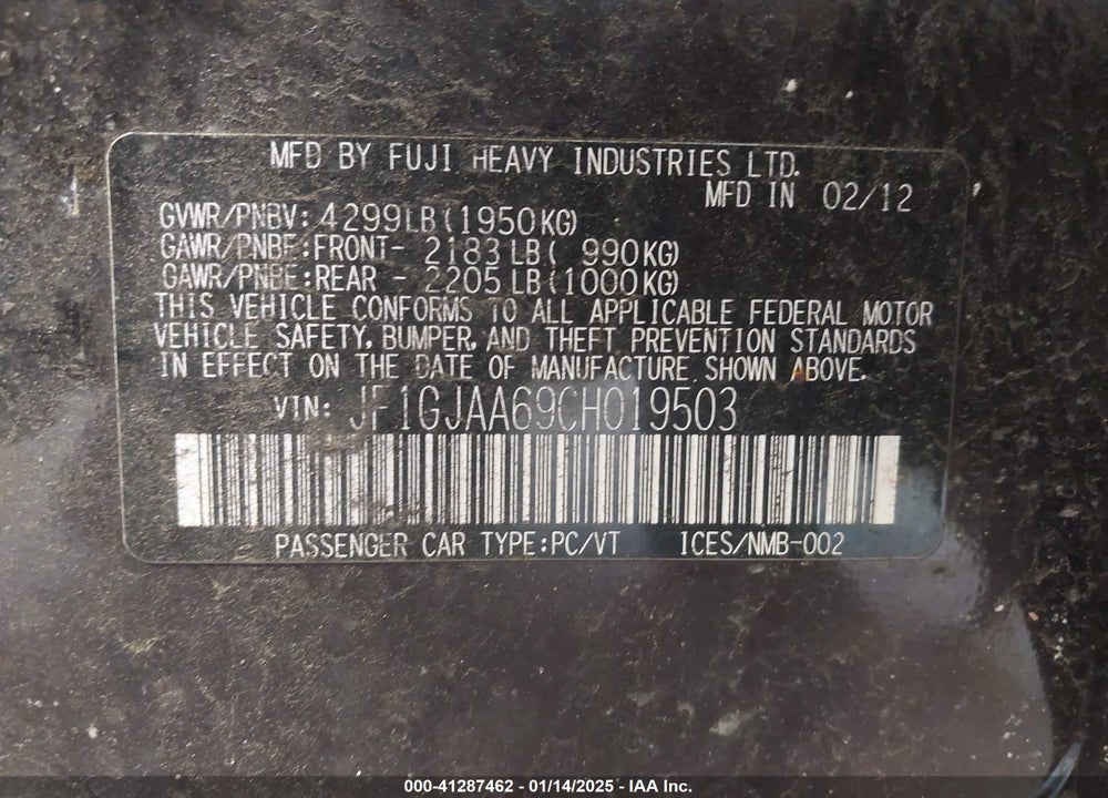 2012 SUBARU IMPREZA VIN: JF1GJAA69CH019503