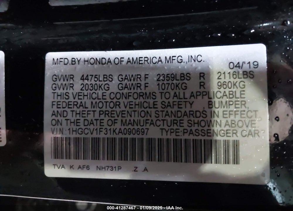 2019 HONDA ACCORD SPORT VIN: 1HGCV1F31KA090697