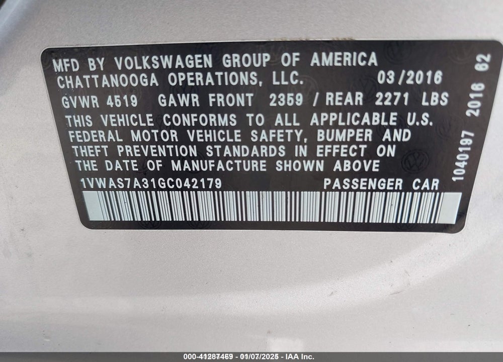 2016 VOLKSWAGEN PASSAT 1.8T S VIN: 1VWAS7A31GC042179