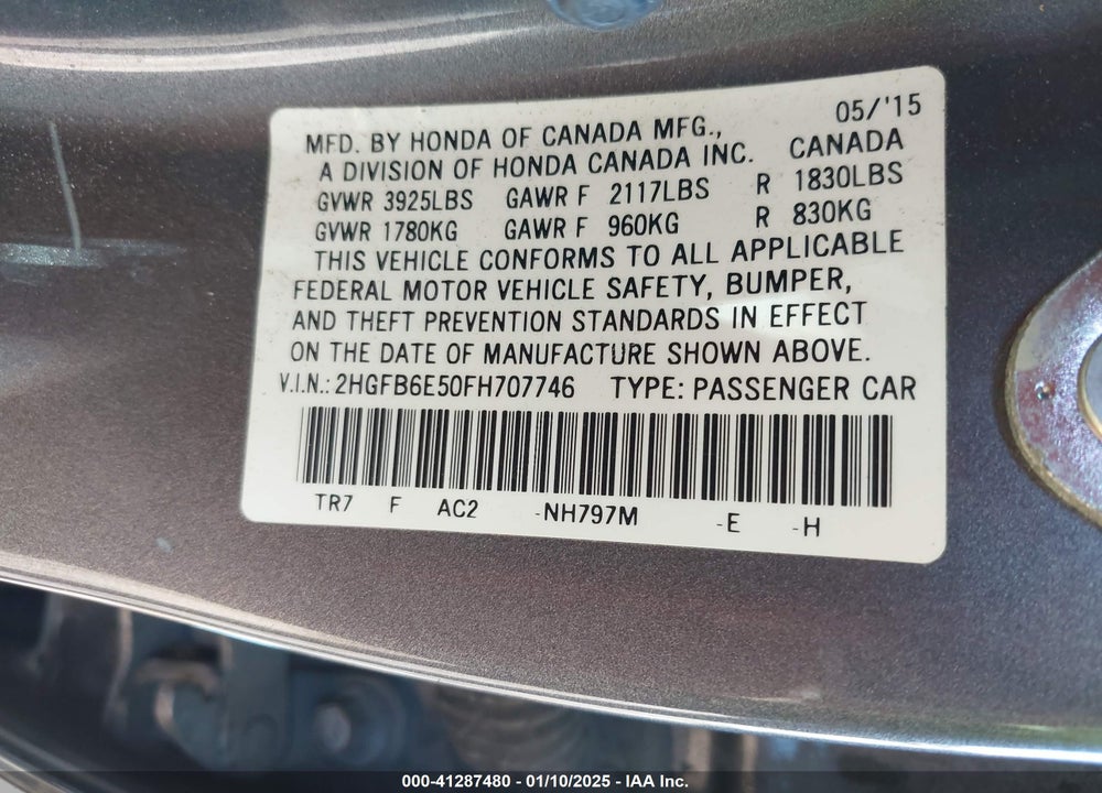 2015 HONDA CIVIC SI VIN: 2HGFB6E50FH707746