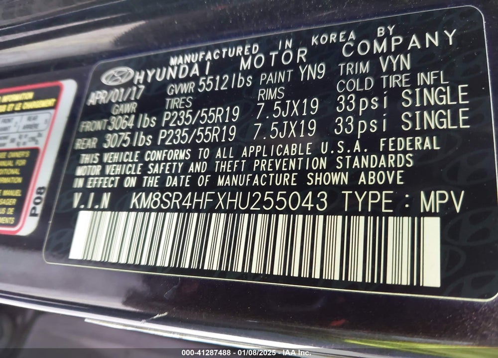 2017 HYUNDAI SANTA FE SE ULTIMATE VIN: KM8SR4HFXHU255043