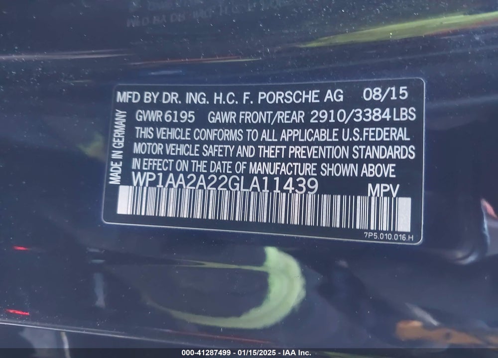 2016 PORSCHE CAYENNE VIN: WP1AA2A22GLA11439