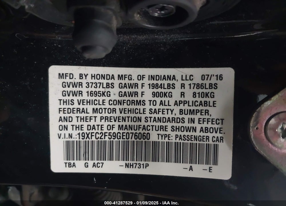 2016 HONDA CIVIC VIN: 19XFC2F59GE076060