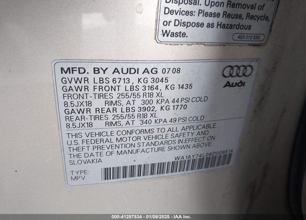 2009 AUDI Q7 3.6 5 PASSENGER/3.6 PREMIUM VIN: WA1AY74L09D008514