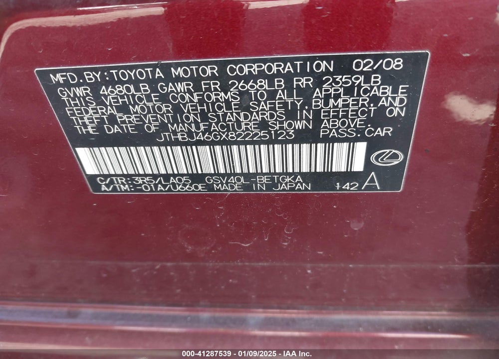 2008 LEXUS ES 350 VIN: JTHBJ46GX82225123