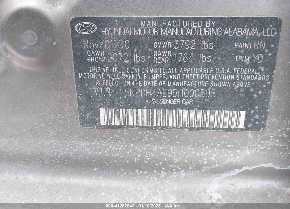 2011 HYUNDAI ELANTRA GLS VIN: 5NPDH4AE9BH000595