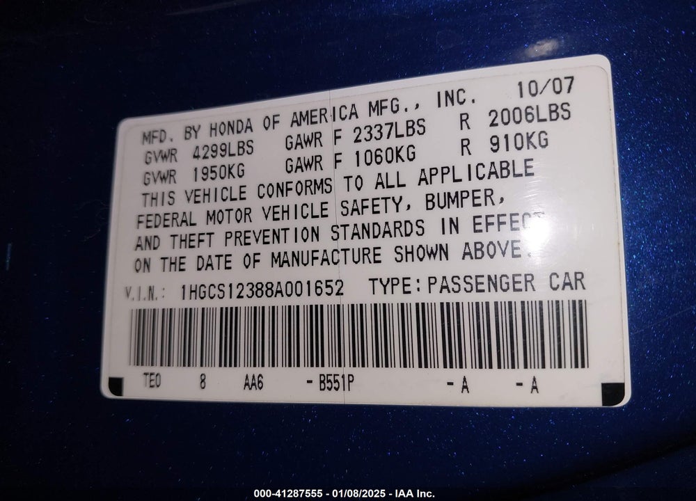 2008 HONDA ACCORD VIN: 1HGCS12388A001652