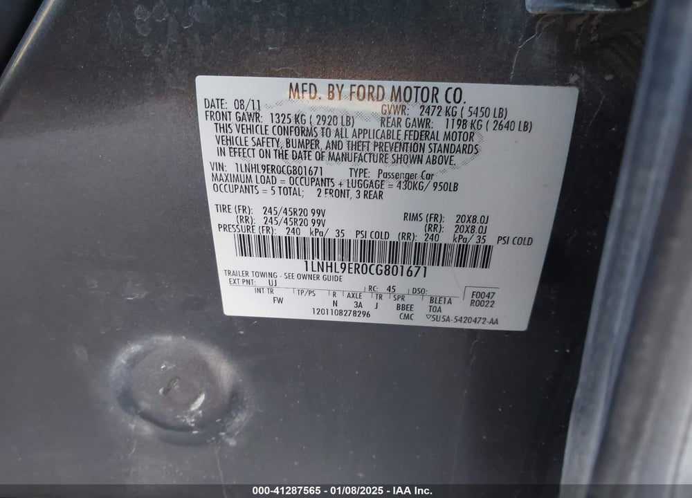 2012 LINCOLN MKS VIN: 1LNHL9ER0CG801671