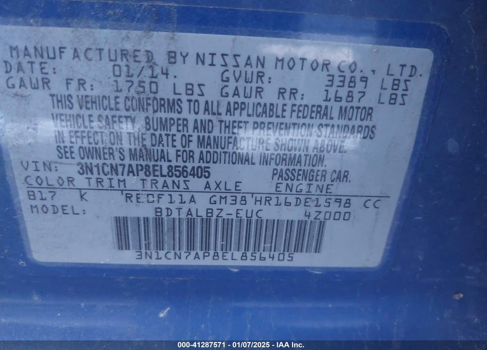 2014 NISSAN VERSA 1.6 SV VIN: 3N1CN7AP8EL856405