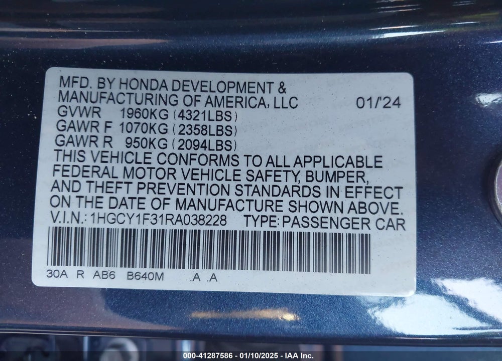 2024 HONDA ACCORD EX VIN: 1HGCY1F31RA038228