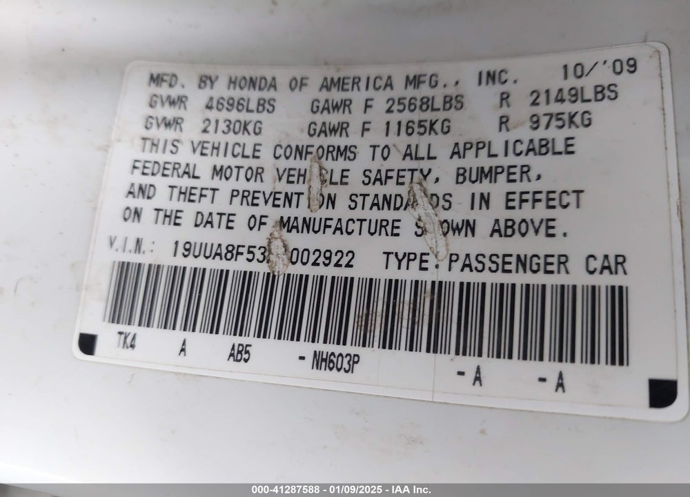 2010 ACURA TL VIN: 19UUA8F53AA002922