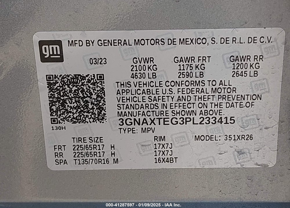 2023 CHEVROLET EQUINOX AWD 2FL VIN: 3GNAXTEG3PL233415