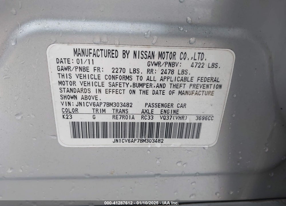 2011 INFINITI G37 JOURNEY VIN: JN1CV6AP7BM303482