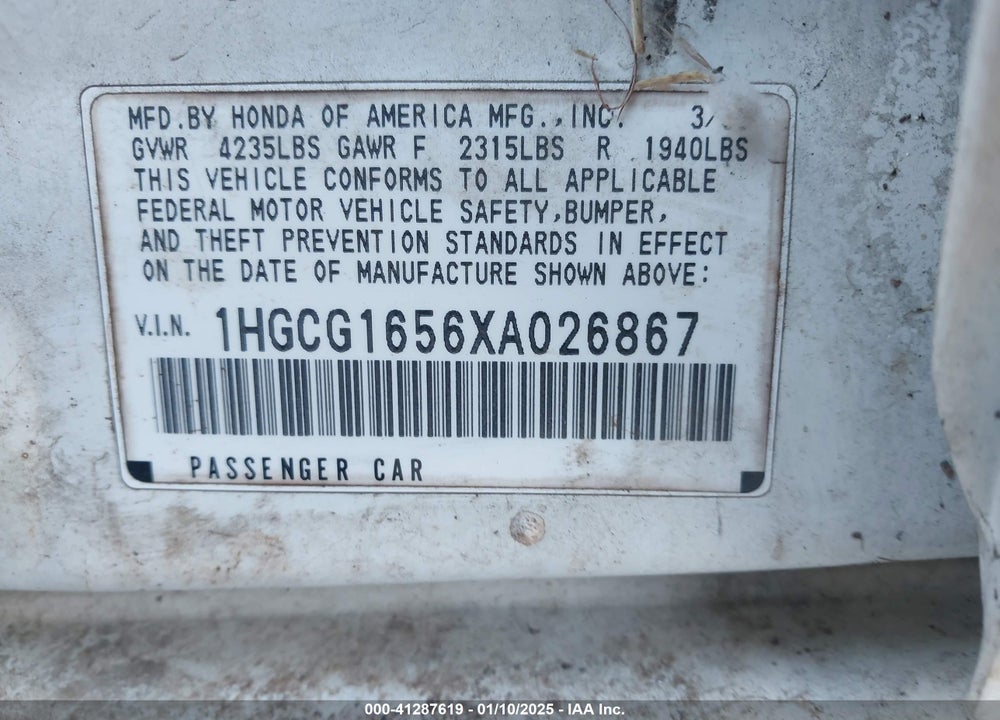 1999 HONDA ACCORD EX V6 VIN: 1HGCG1656XA026867