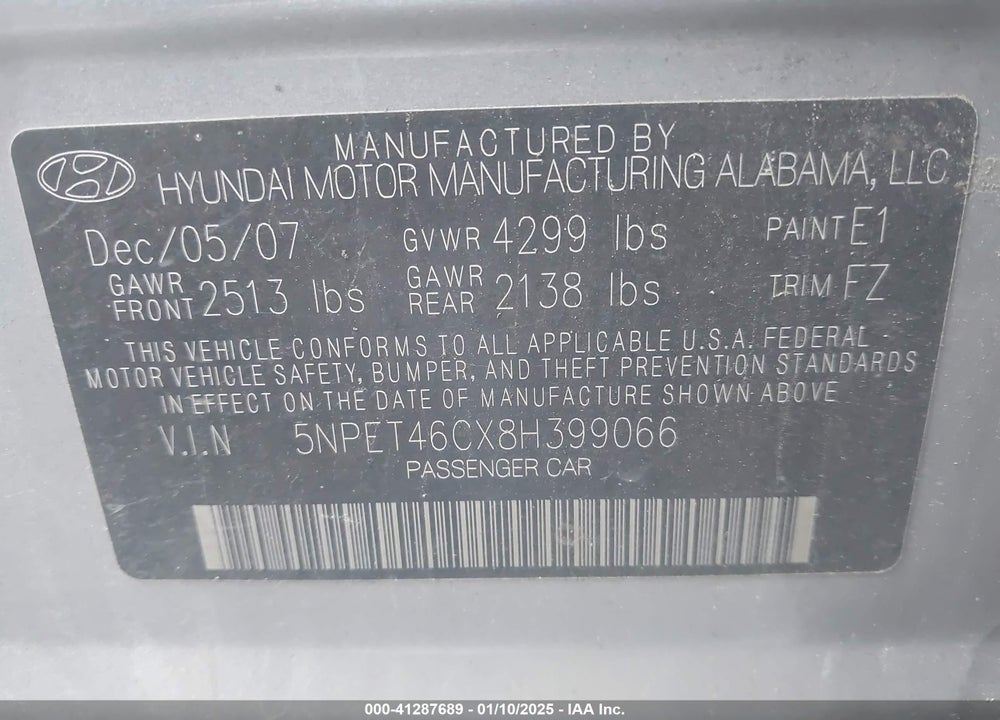 2008 HYUNDAI SONATA GLS VIN: 5NPET46CX8H399066