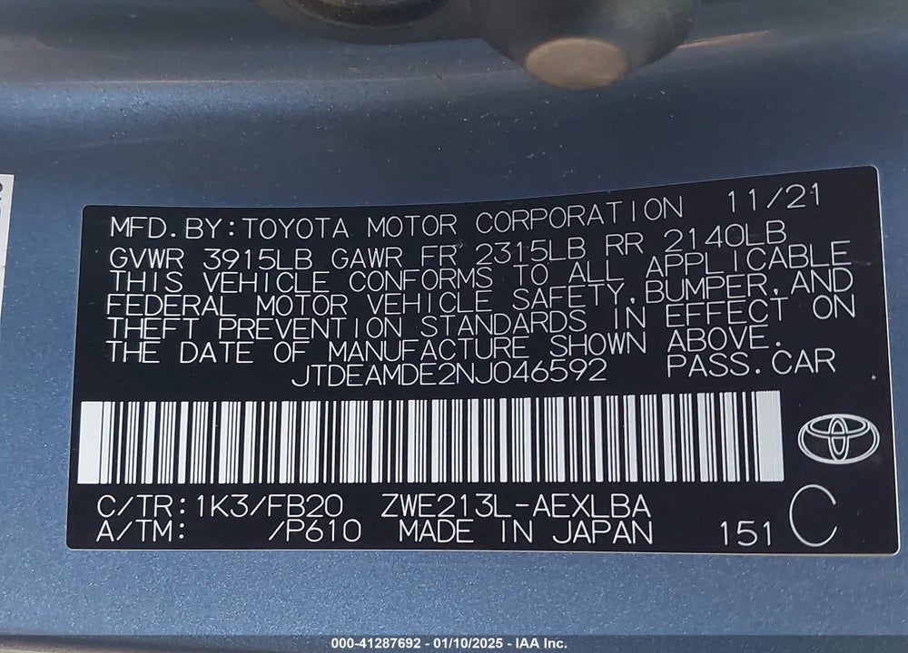 2022 TOYOTA COROLLA VIN: JTDEAMDE2NJ046592