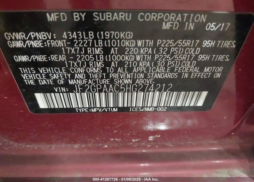 2017 SUBARU CROSSTREK 2.0I VIN: JF2GPAAC5HG274212