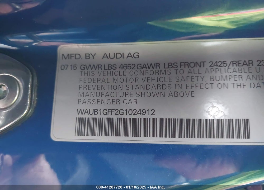 2016 AUDI S3 VIN: WAUB1GFF2G1024912