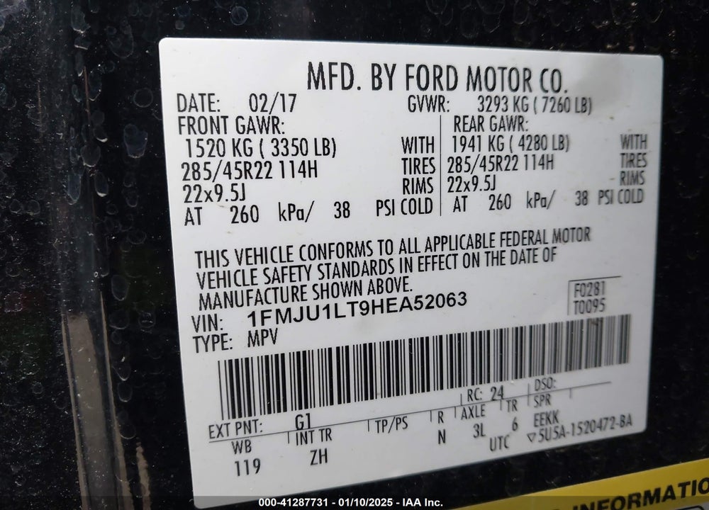 2017 FORD EXPEDITION PLATINUM VIN: 1FMJU1LT9HEA52063