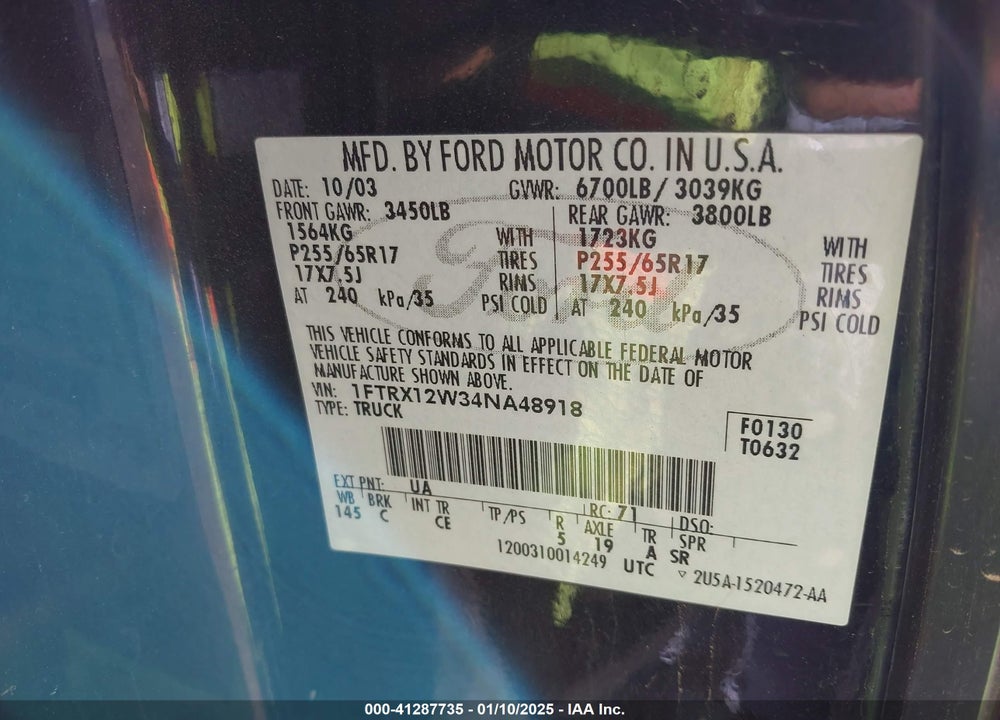 2004 FORD F-150 STX/XL/XLT VIN: 1FTRX12W34NA48918