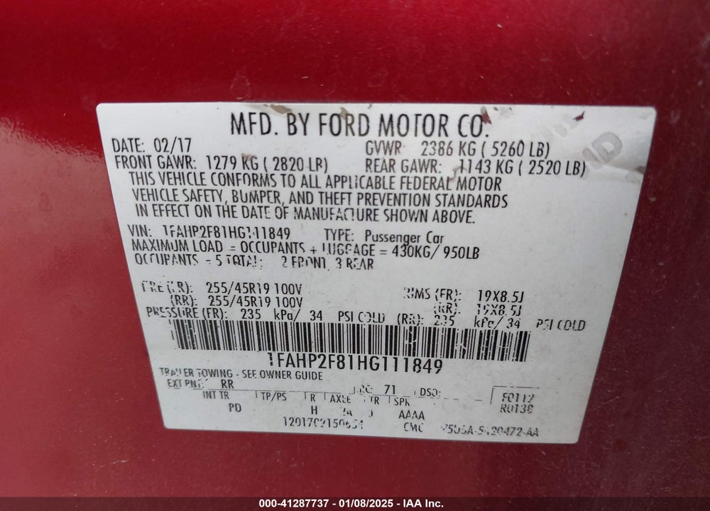 2017 FORD TAURUS VIN: 1FAHP2F81HG111849
