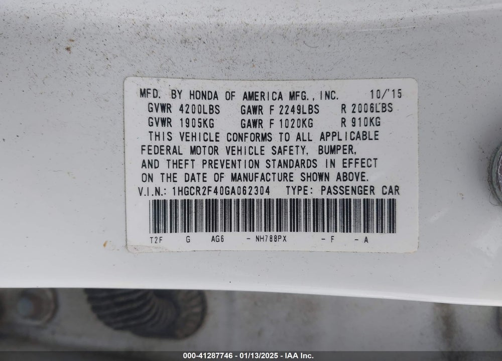 2016 HOND ACCORD SEDAN LX W/CO VIN: 1HGCR2F40GA062304