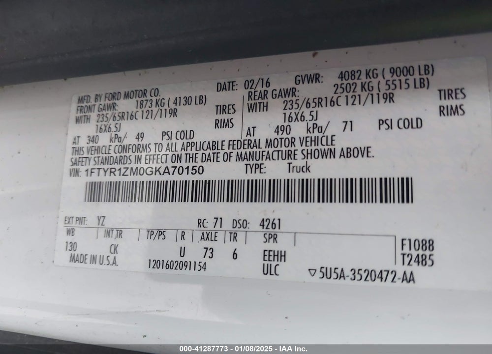 2016 FORD TRANSIT-250 VIN: 1FTYR1ZM0GKA70150