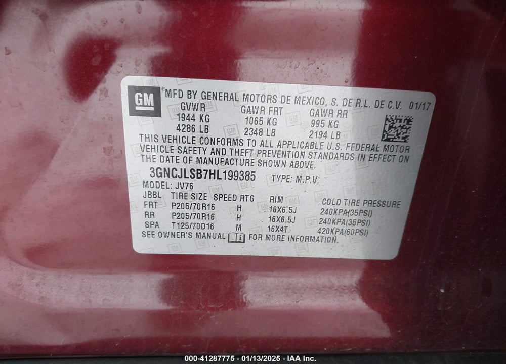 2017 CHEVROLET TRAX LT VIN: 3GNCJLSB7HL199385