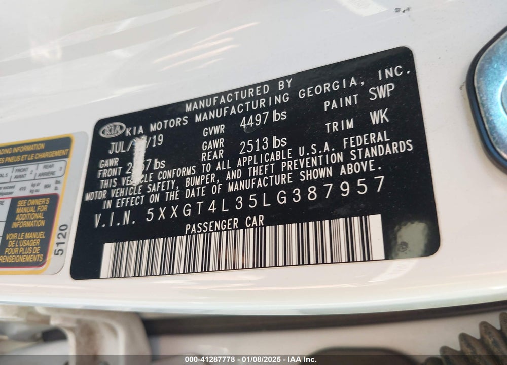 2020 KIA OPTIMA VIN: 5XXGT4L35LG387957