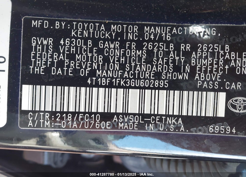 2016 TOYOTA CAMRY VIN: 4T1BF1FK3GU602895