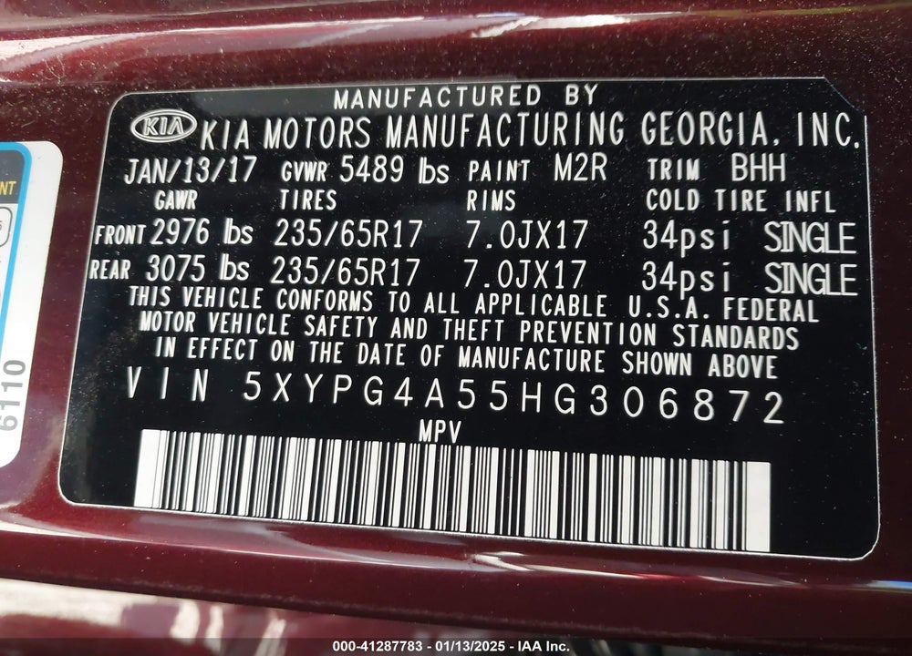 2017 KIA SORENTO 3.3L LX VIN: 5XYPG4A55HG306872