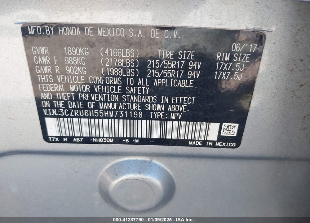 2017 HONDA HR-V EX VIN: 3CZRU6H55HM731198