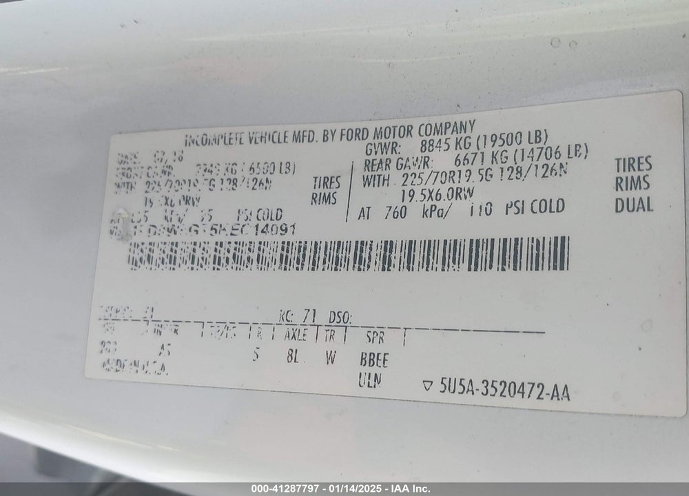 2019 FORD F-550 CHASSIS XL VIN: 1FD0W5GT5KEC14091