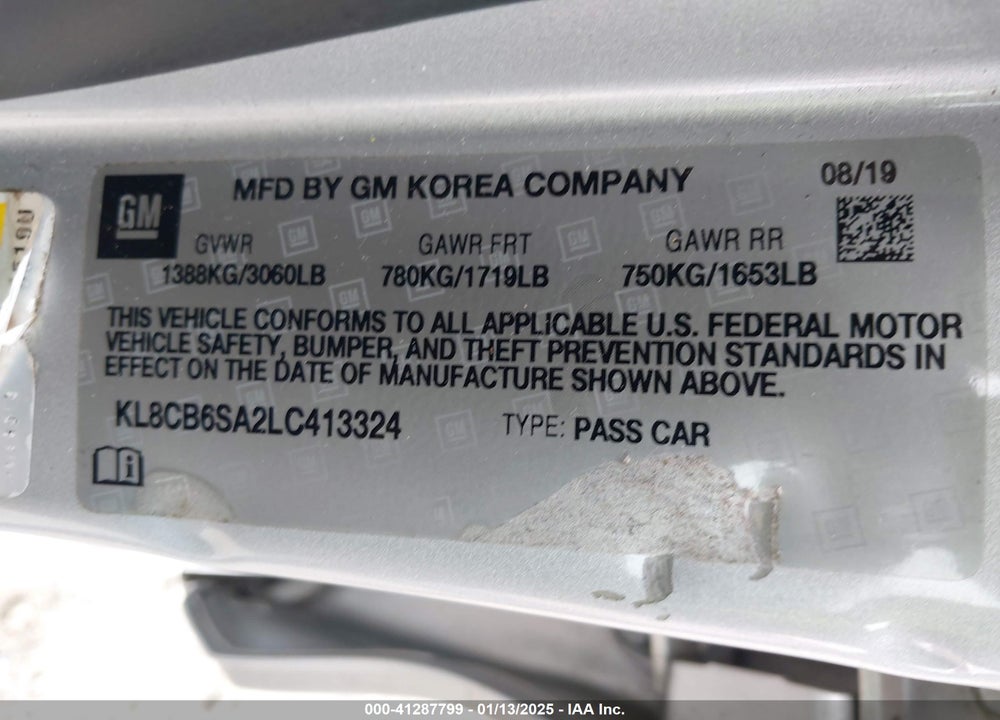 2020 CHEVROLET SPARK VIN: KL8CB6SA2LC413324