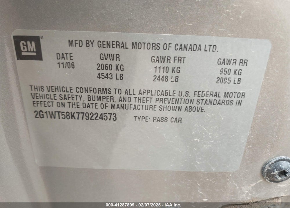 2007 CHEVROLET IMPALA VIN: 2G1WT58K779224573
