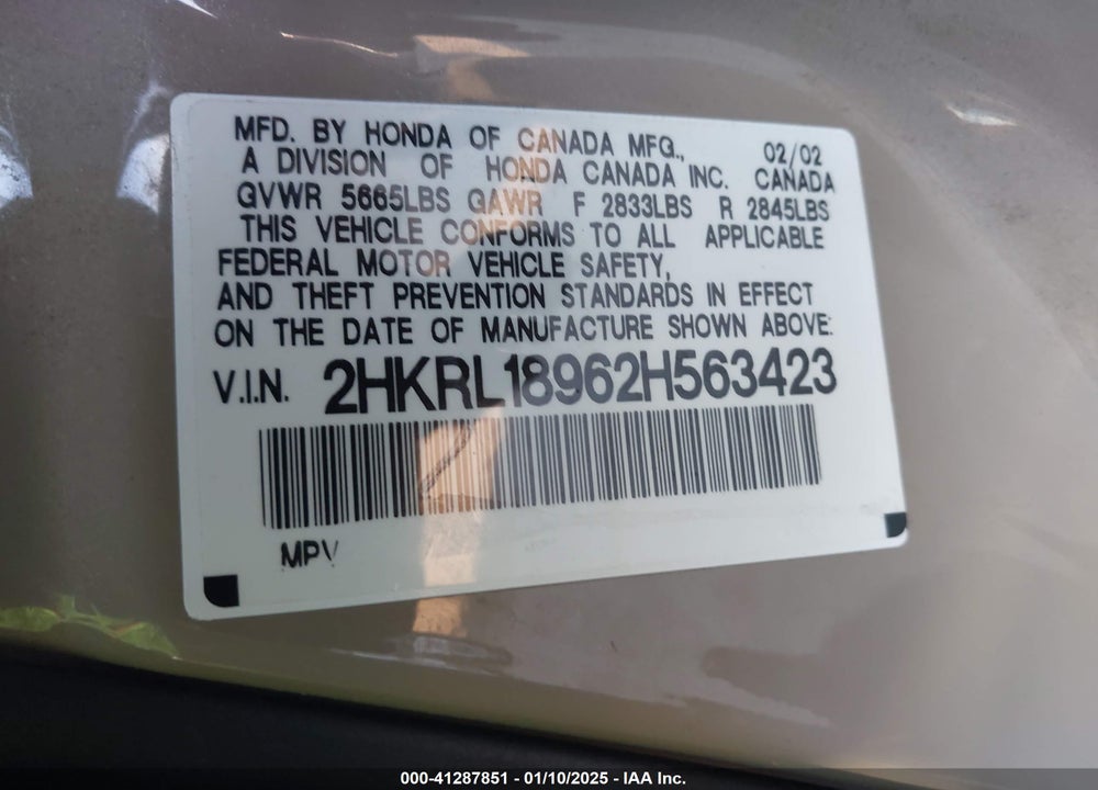 2002 HONDA ODYSSEY EX-L VIN: 2HKRL18962H563423