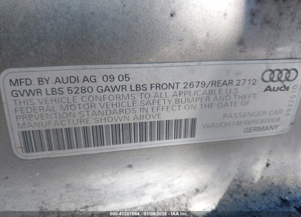 2006 AUDI A6 VIN: WAUDH74F46N080008