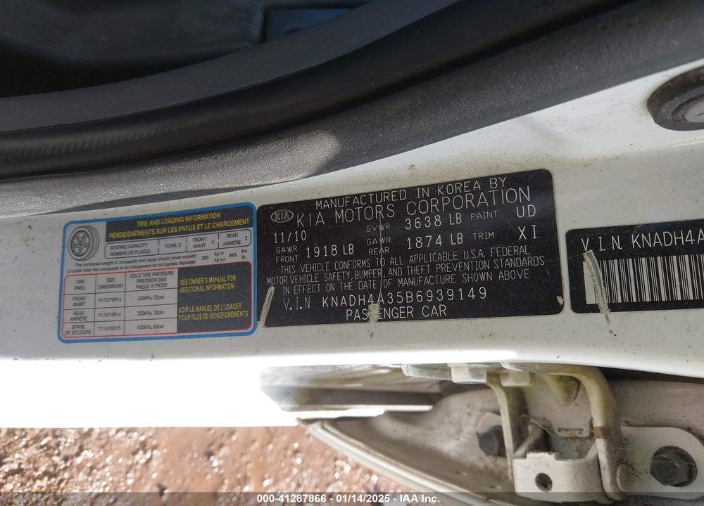 2011 KIA RIO VIN: KNADH4A35B6939149