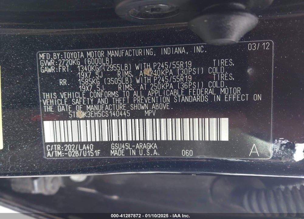 2012 TOYOTA HIGHLANDER LIMITED V6 VIN: 5TDDK3EH5CS140445