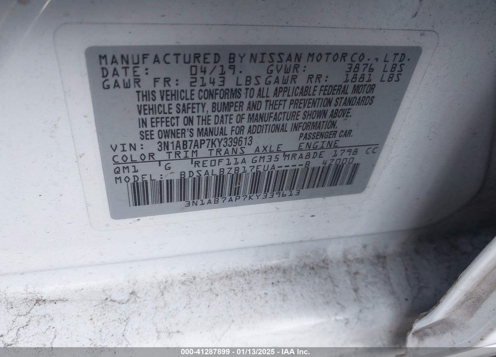 2019 NISSAN SENTRA S VIN: 3N1AB7AP7KY339613