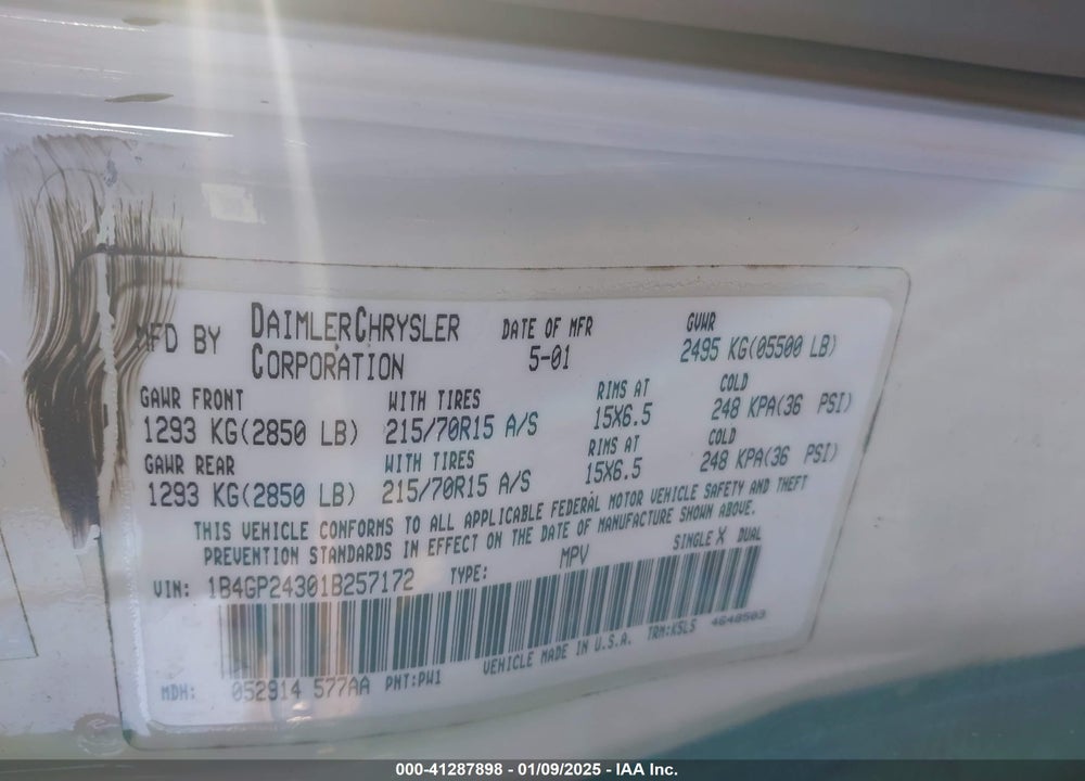 2001 DODGE GRAND CARAVAN SE VIN: 1B4GP24301B257172