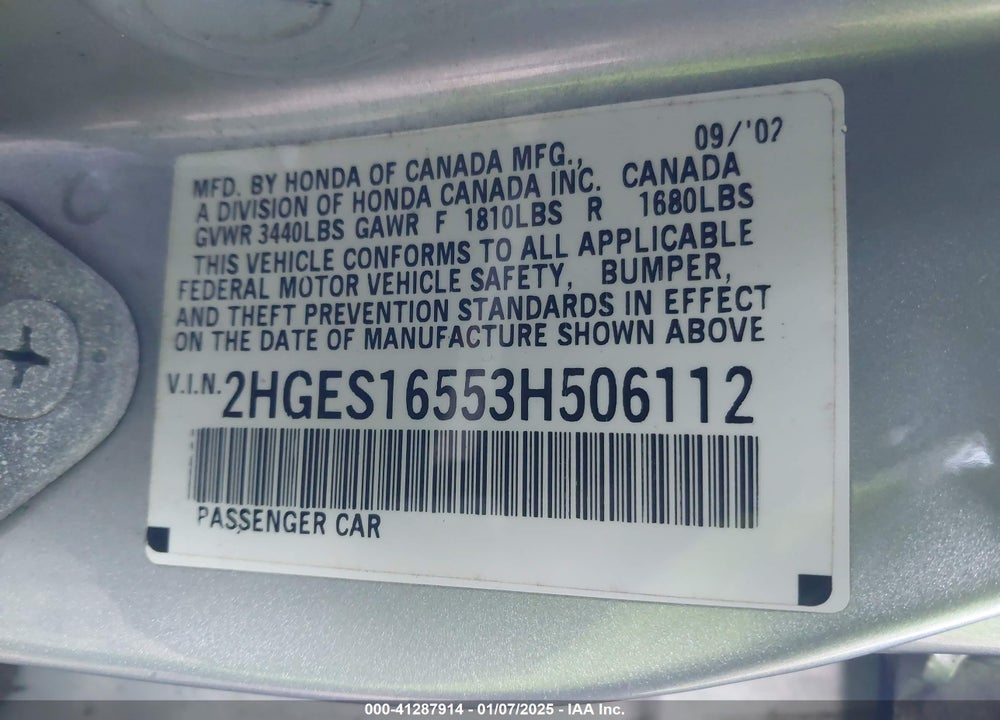 2003 HONDA CIVIC LX VIN: 2HGES16553H506112
