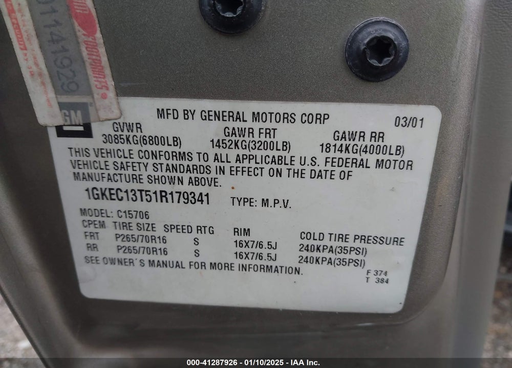 2001 GMC YUKON SLT VIN: 1GKEC13T51R179341