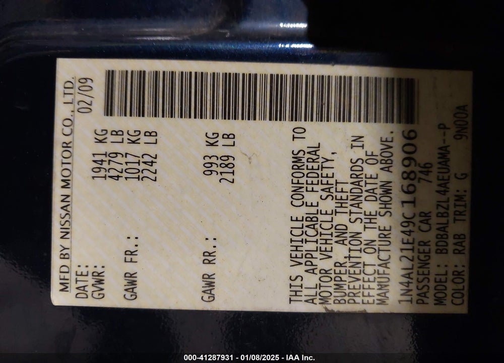 2009 NISSAN ALTIMA 2.5 S VIN: 1N4AL21E49C168906