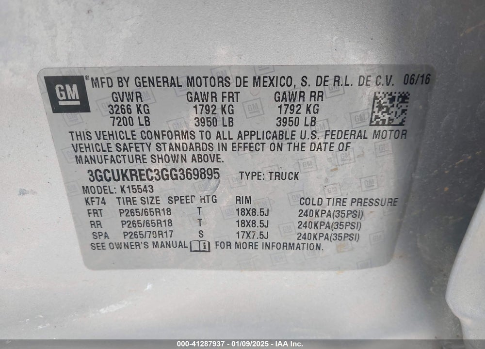 2016 CHEVROLET SILVERADO 1500 2LT VIN: 3GCUKREC3GG369895